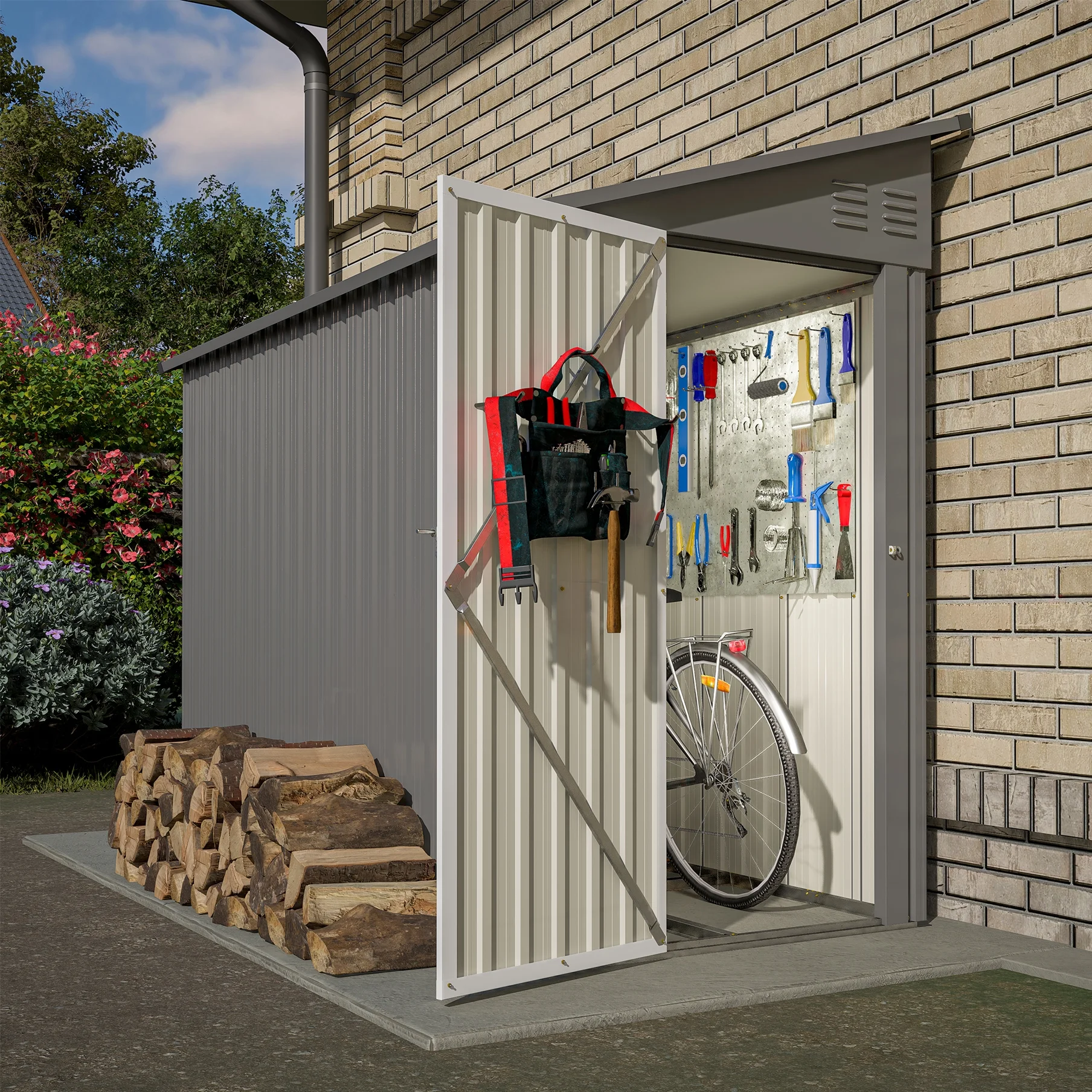LZBEITEM 4 x 8 ft Outdoor Metal Storage Shed Lean to, Gray