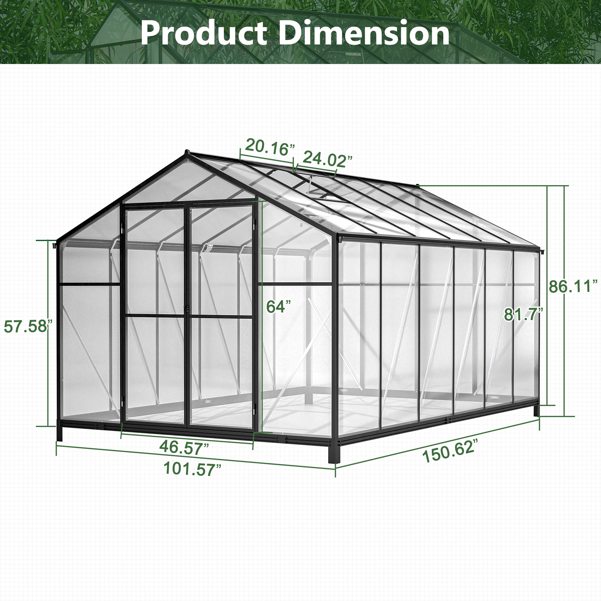 LZBEITEM 8x12 FT Outdoor Greenhouse with Lockable Double Hinged Door 2 Vent Window