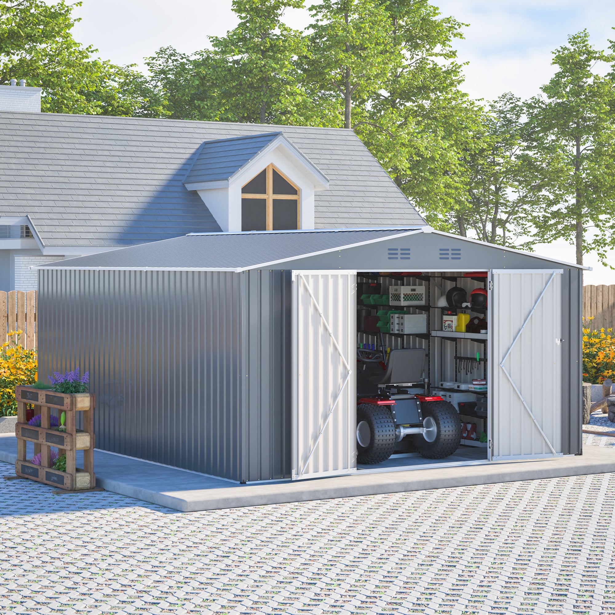 LZBEITEM 12 x 14 Ft Outdoor Metal Storage Shed with Floor Frame