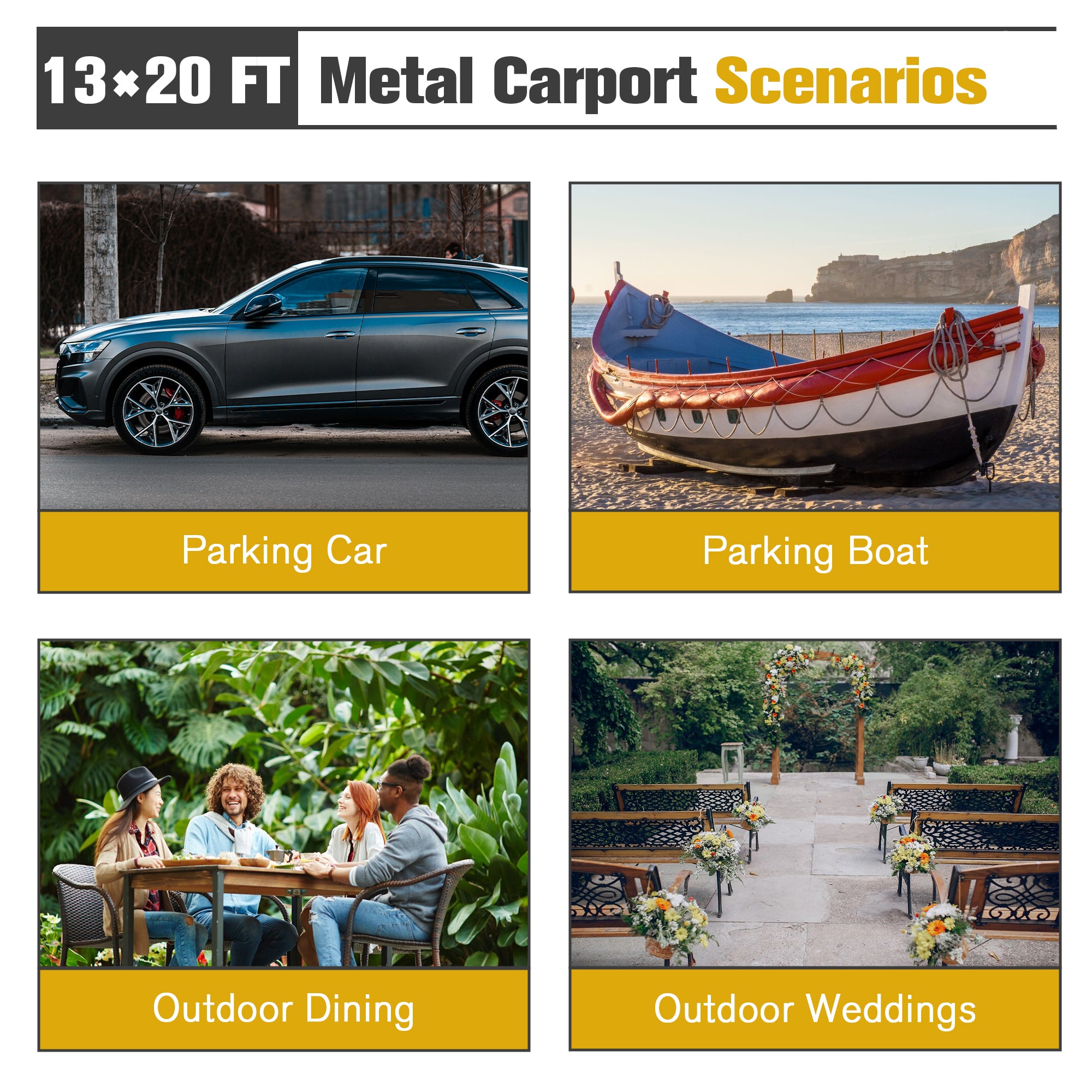 LZBEITEM 13 x 20 ft Metal Carport Kits with Enhanced Base Outdoor Heavy Duty Garage Galvanized Car Shelter for Pickup, Boat, Car and Tractors