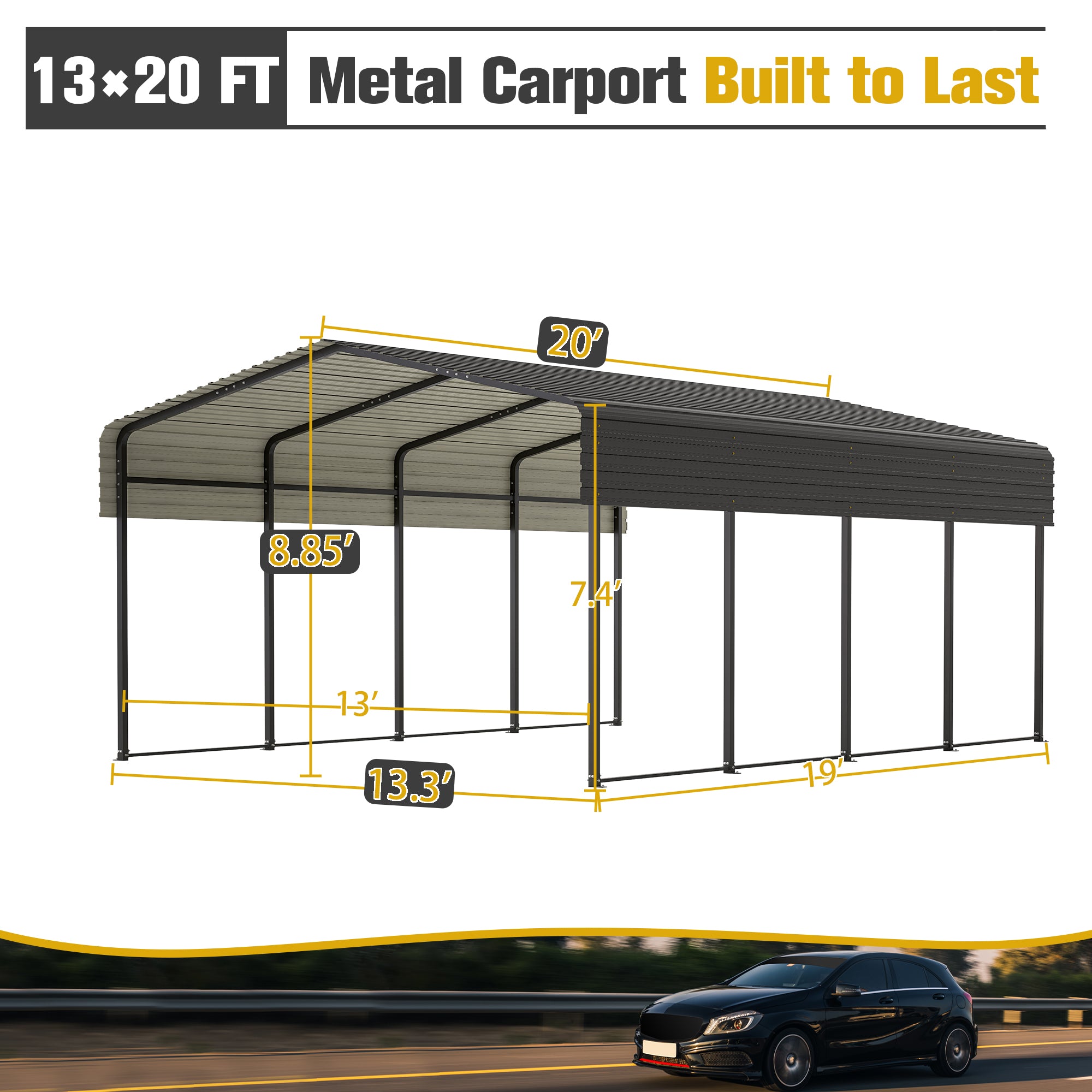 LZBEITEM 13 x 20 ft Metal Carport Kits with Enhanced Base Outdoor Heavy Duty Garage Galvanized Car Shelter for Pickup, Boat, Car and Tractors