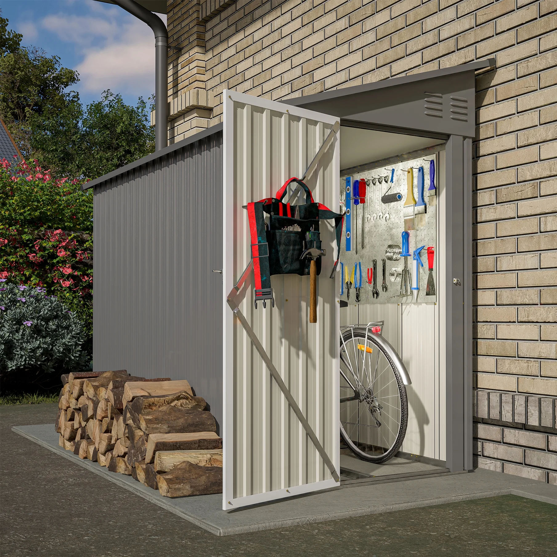 4 x 8 ft Outdoor Metal Storage Shed Lean to, Gray