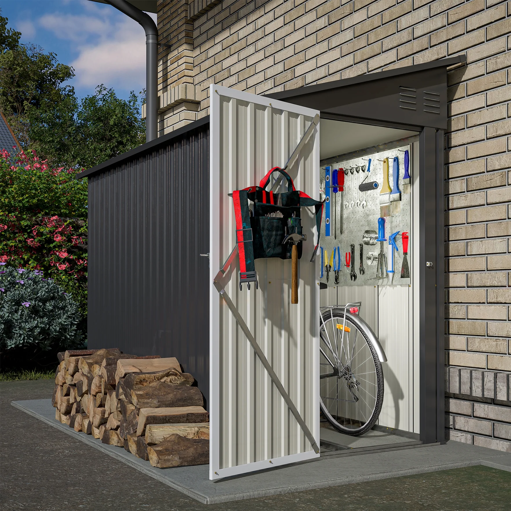 4 x 8 ft Outdoor Metal Storage Shed Lean to, Black