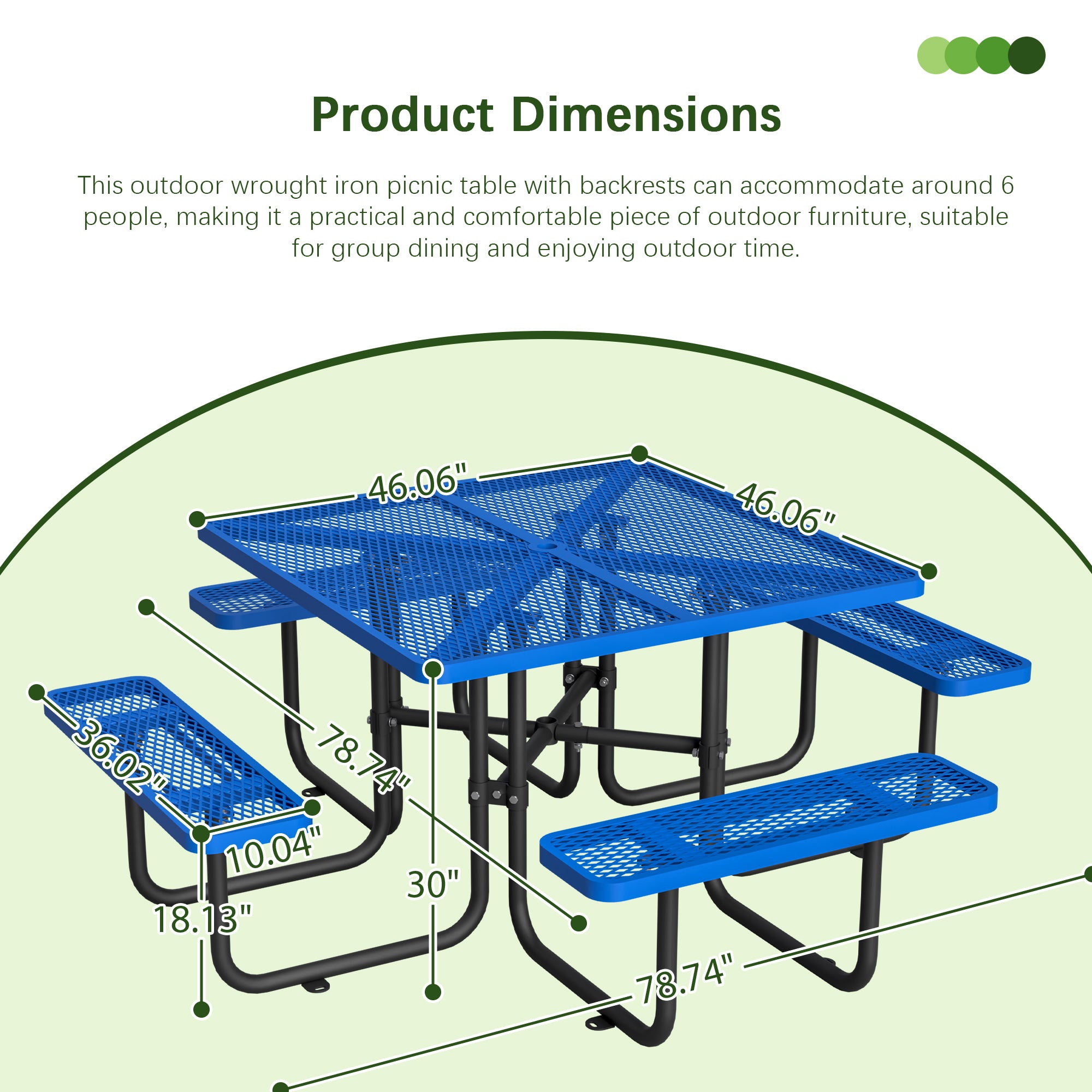 46'' Square Outdoor Commercial Steel Metal Picnic Table Set, Blue