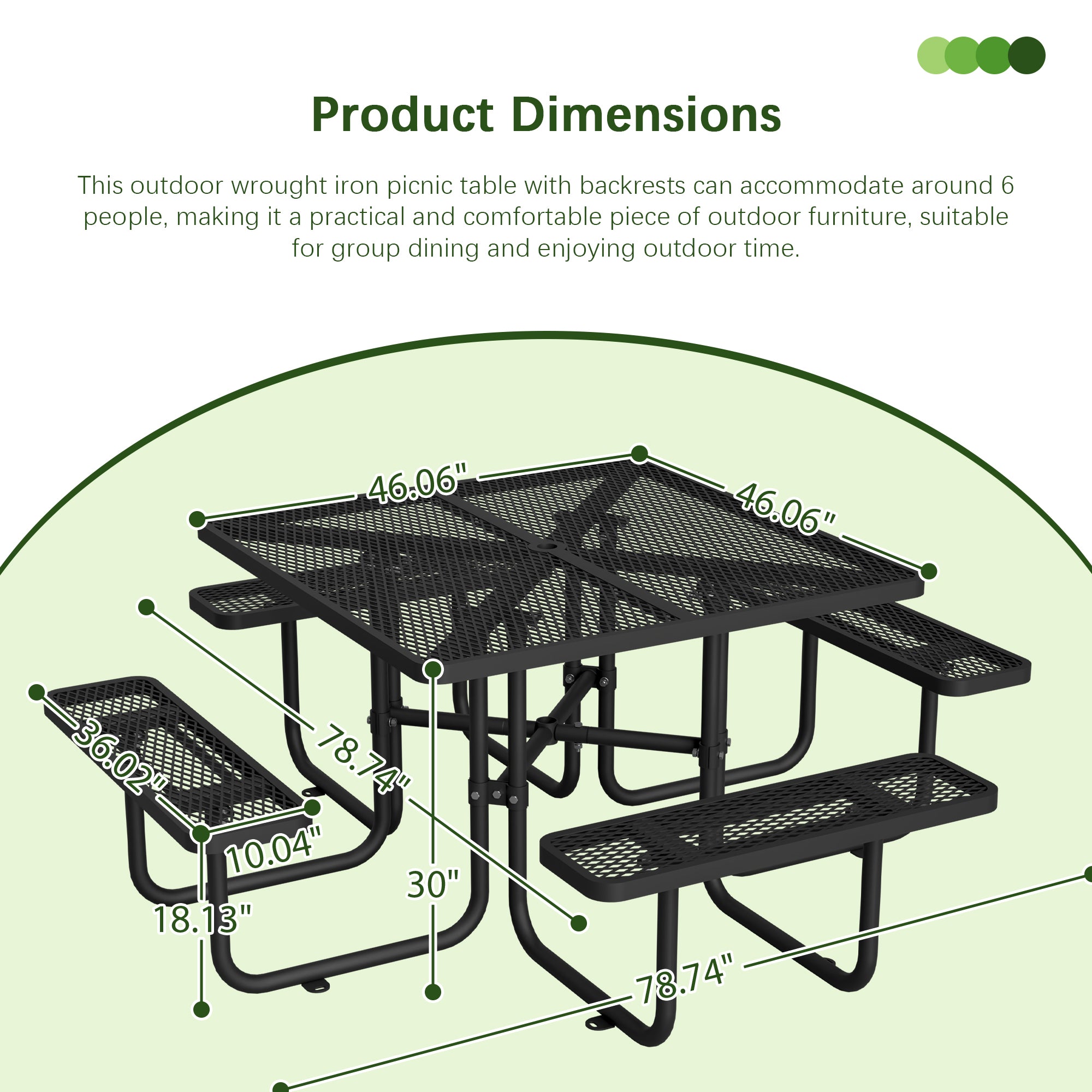 46'' Square Outdoor Commercial Steel Metal Picnic Table Set, Black