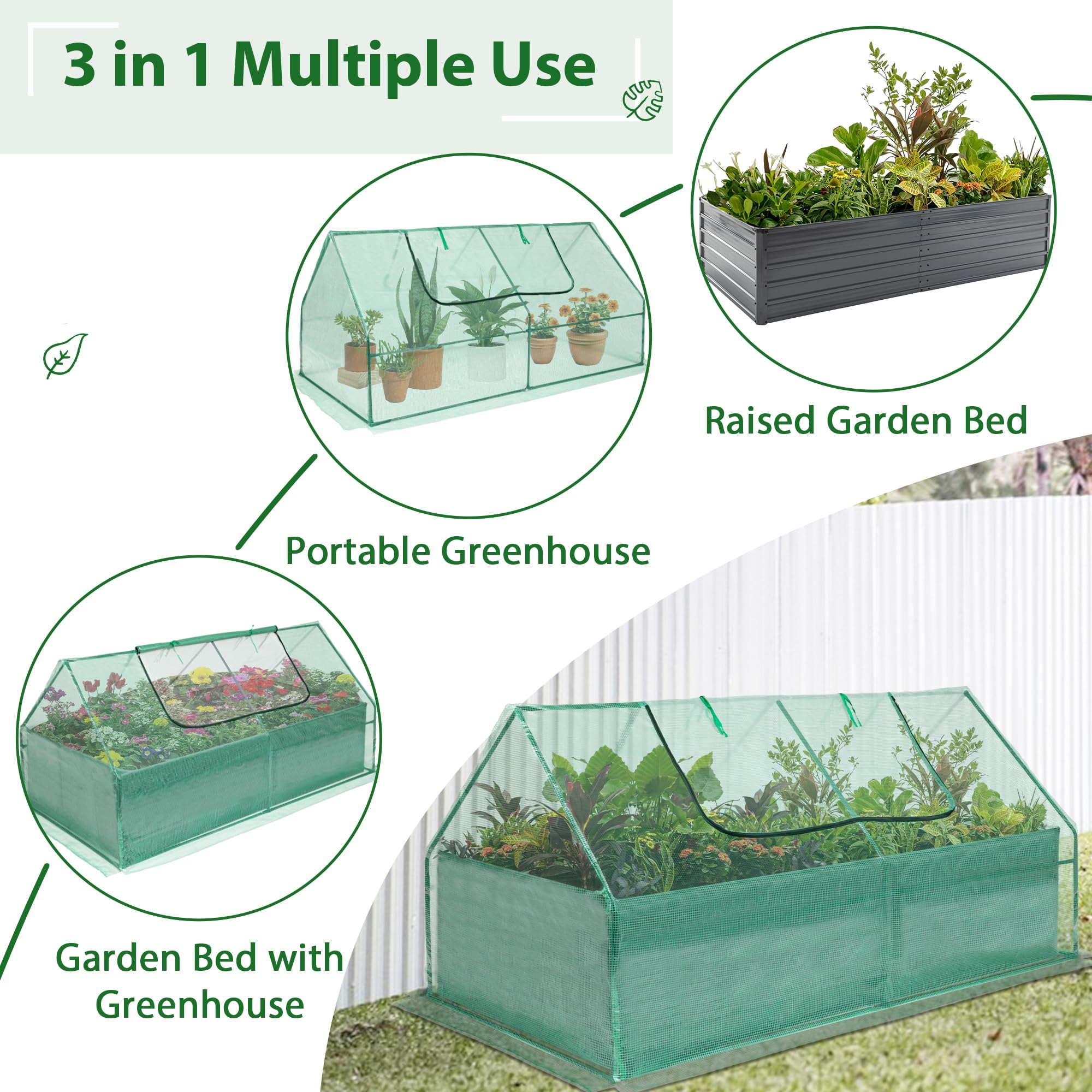 Thanaddo 8x4x2 Ft Galvanized Steel Raised Garden Bed Outdoor Planter with Greenhouse Cover 2 Large Zipper Windows