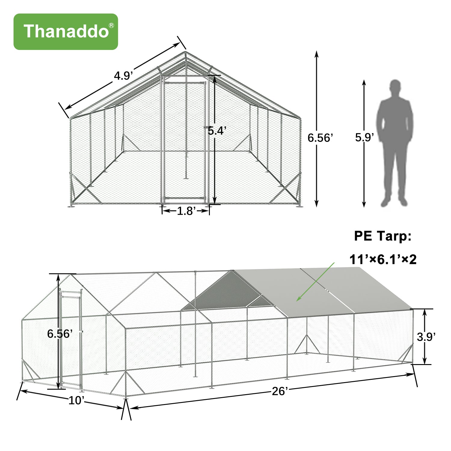 Thanaddo Larger Walk-in  Chicken Coop & Runs Apex Roof with 2 Waterproof Covers AR38