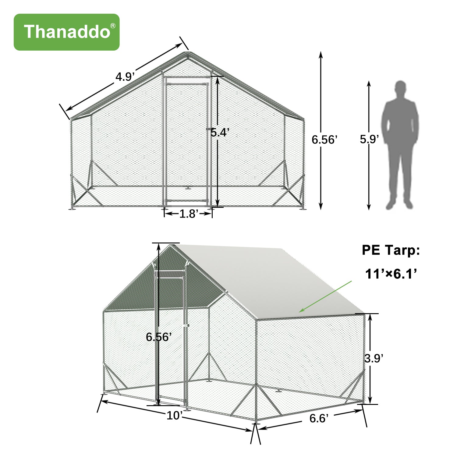 Thanaddo Walk-in Chicken Coop & Run Apex Roof with UV Waterproof Cover AR32