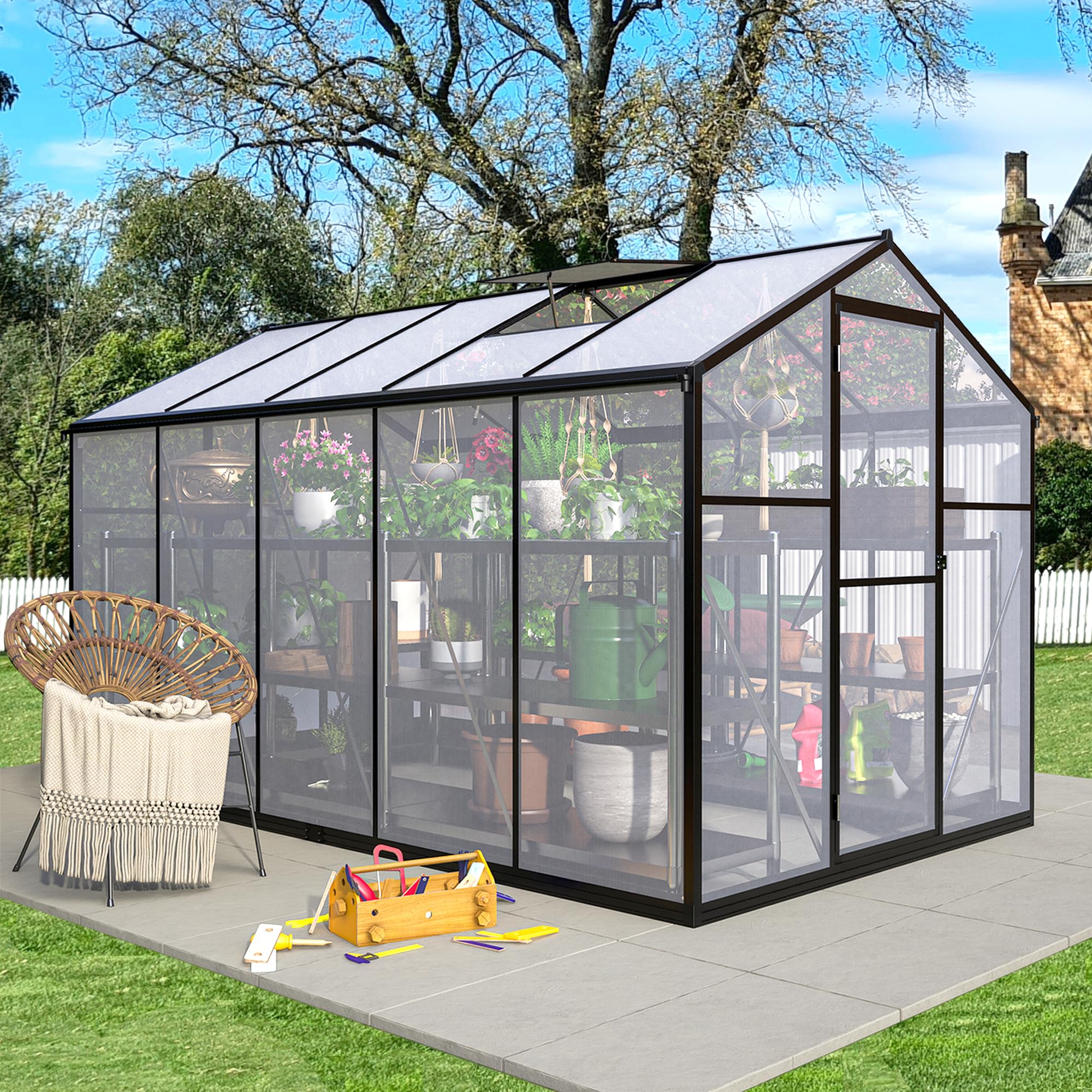 Greenhouse 6x10 ft Upgraded Heavy Duty Aluminum Walk-in Green House for Outdoor Garden with Base